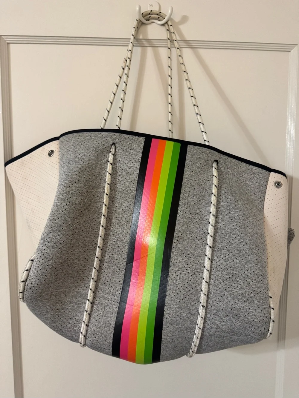 HAUTE SHORE Gray Neoprene Tote with Neon Rainbow Stripe